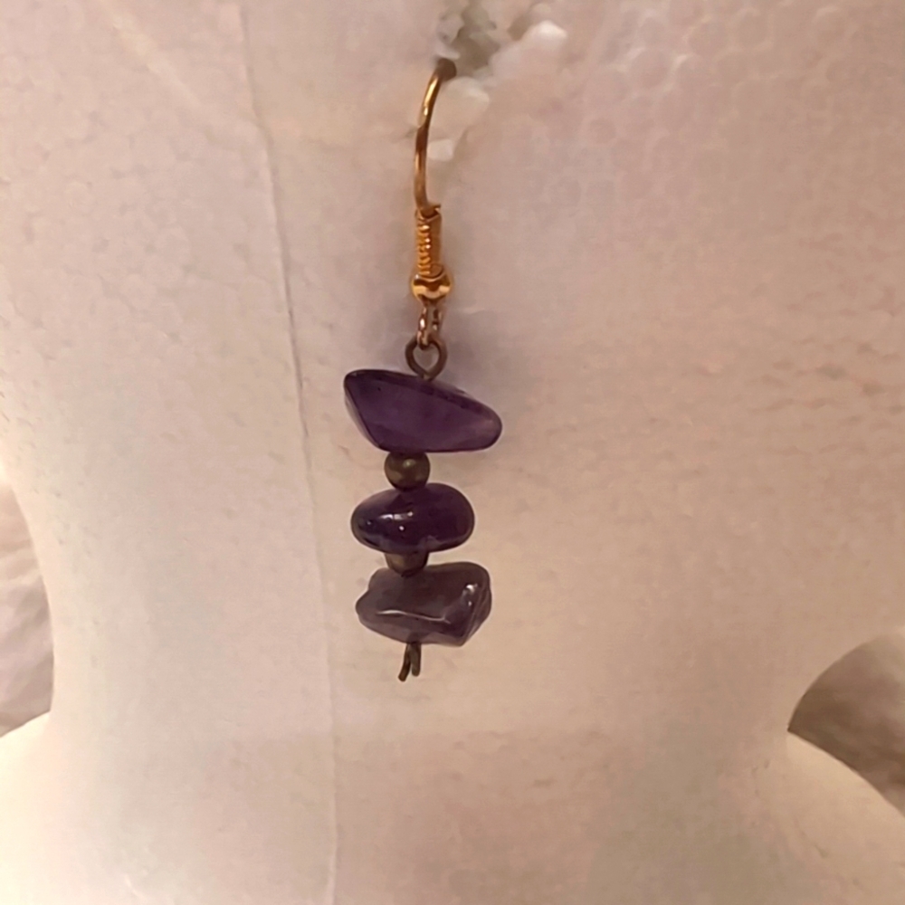 Gold Toned Hook Earrings With Polished Natural Amethysts